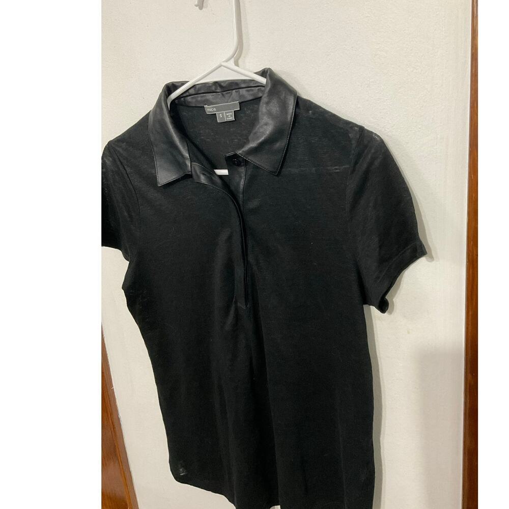 Vince Faux Leather Trim Linen Black Top Size Small Short Sleeve $245 Lightweight - Picture 3 of 6